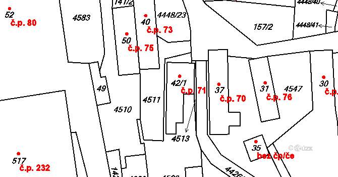 Vysoké Pole 71 na parcele st. 42/1 v KÚ Vysoké Pole, Katastrální mapa