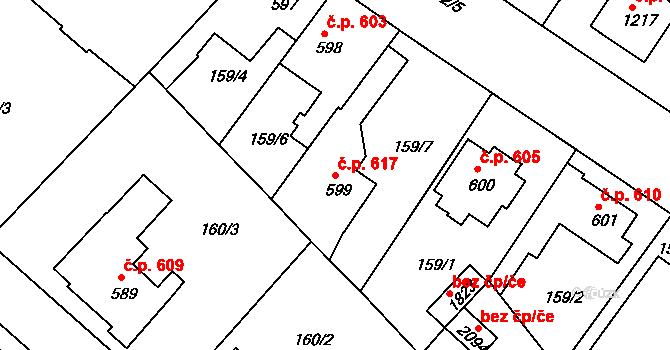 Neratovice 617 na parcele st. 599 v KÚ Neratovice, Katastrální mapa