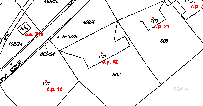 Solopisky 12, Třebotov na parcele st. 102 v KÚ Třebotov, Katastrální mapa