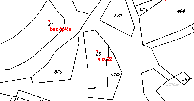 Jílovec 22, Fulnek na parcele st. 25 v KÚ Jílovec, Katastrální mapa
