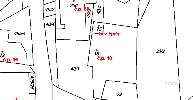 Komorovice 10 na parcele st. 15 v KÚ Komorovice, Katastrální mapa