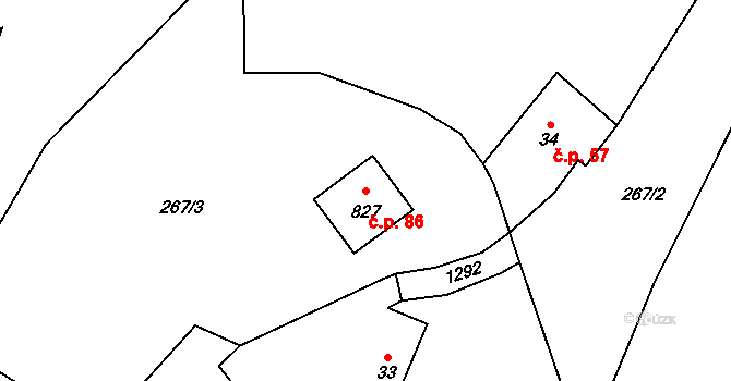 Horní Sklenov 86, Hukvaldy na parcele st. 827 v KÚ Sklenov, Katastrální mapa