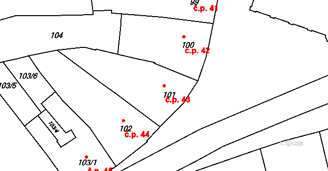 Holešov 43 na parcele st. 101 v KÚ Holešov, Katastrální mapa