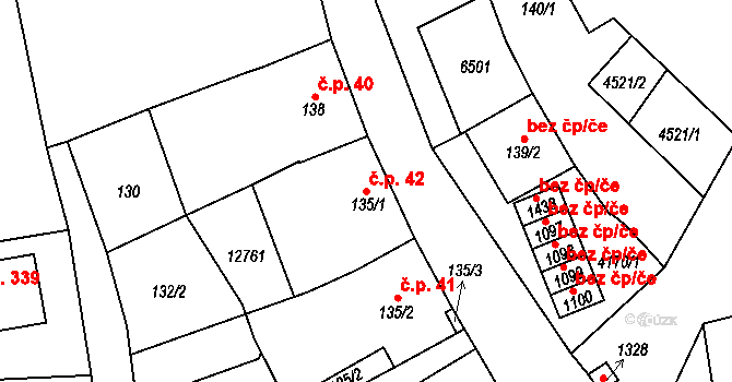 Hrušovany nad Jevišovkou 42 na parcele st. 135/1 v KÚ Hrušovany nad Jevišovkou, Katastrální mapa