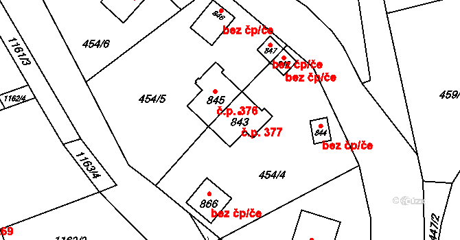 Vranov nad Dyjí 377 na parcele st. 843 v KÚ Vranov nad Dyjí, Katastrální mapa