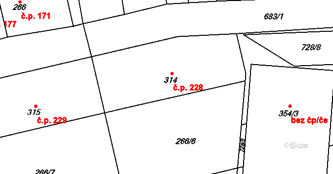 Lobodice 228 na parcele st. 314 v KÚ Lobodice, Katastrální mapa