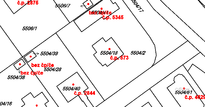 Jihlava 573 na parcele st. 5504/18 v KÚ Jihlava, Katastrální mapa