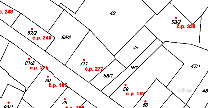 Rožďalovice 277 na parcele st. 311 v KÚ Rožďalovice, Katastrální mapa