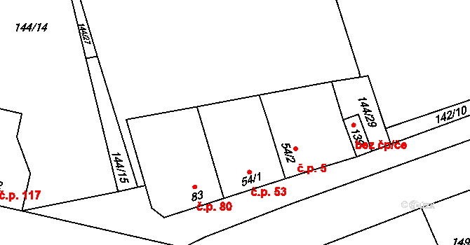 Třebusice 53 na parcele st. 54/1 v KÚ Třebusice, Katastrální mapa