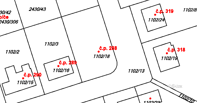 Dačice V 288, Dačice na parcele st. 1102/18 v KÚ Dačice, Katastrální mapa