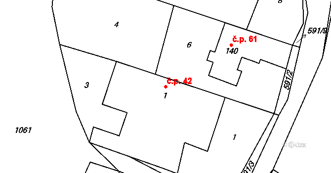 Třebnouševes 42 na parcele st. 1 v KÚ Třebnouševes, Katastrální mapa
