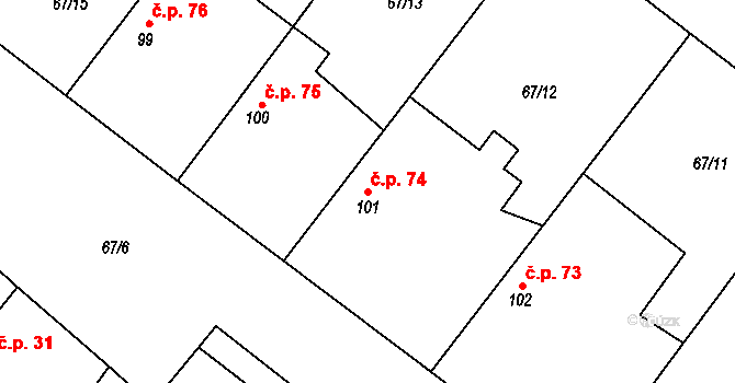 Psinice 74, Libáň na parcele st. 101 v KÚ Psinice, Katastrální mapa