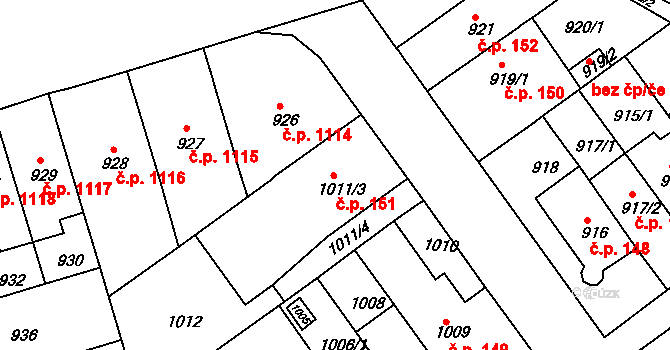 Černá Pole 151, Brno na parcele st. 1011/3 v KÚ Černá Pole, Katastrální mapa