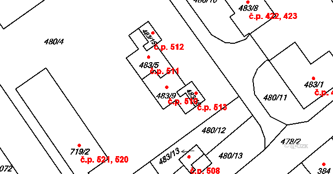 Borohrádek 510 na parcele st. 483/9 v KÚ Borohrádek, Katastrální mapa