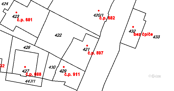 Šluknov 597 na parcele st. 421 v KÚ Šluknov, Katastrální mapa