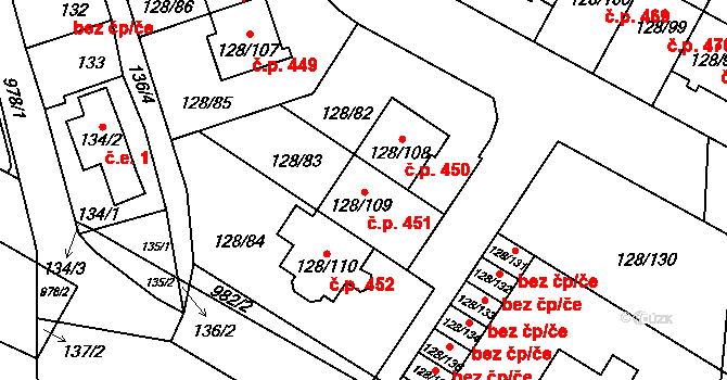 Satalice 451, Praha na parcele st. 128/109 v KÚ Satalice, Katastrální mapa
