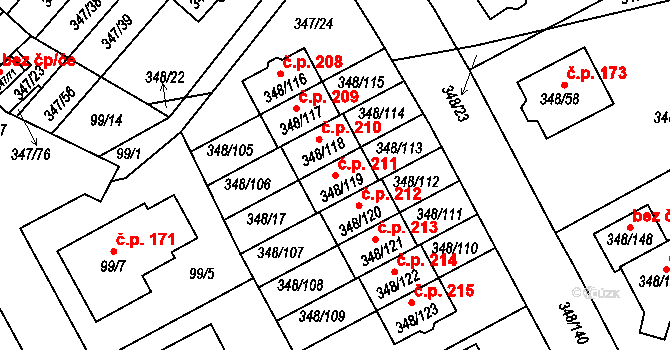 Jenišov 211 na parcele st. 348/119 v KÚ Jenišov, Katastrální mapa