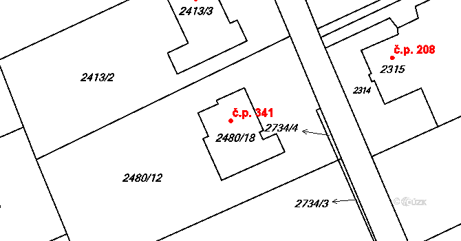 Dolní Suchá 341, Havířov na parcele st. 2480/18 v KÚ Dolní Suchá, Katastrální mapa