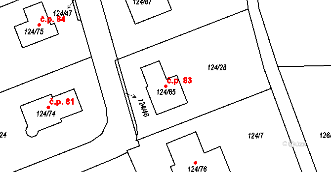 Stradov 83, Chlumec na parcele st. 124/65 v KÚ Stradov u Chabařovic, Katastrální mapa