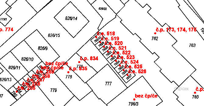 Bučovice 520 na parcele st. 765/8 v KÚ Bučovice, Katastrální mapa