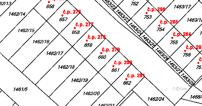 Pozlovice 279 na parcele st. 660 v KÚ Pozlovice, Katastrální mapa