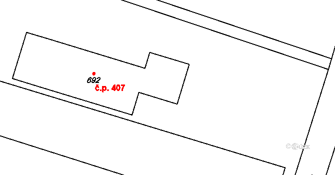 Bohušovice nad Ohří 407 na parcele st. 692 v KÚ Bohušovice nad Ohří, Katastrální mapa
