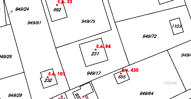 Vlkančice 94 na parcele st. 231 v KÚ Vlkančice, Katastrální mapa