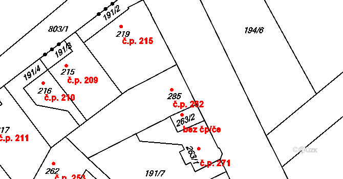 Neratovice 262 na parcele st. 285 v KÚ Neratovice, Katastrální mapa