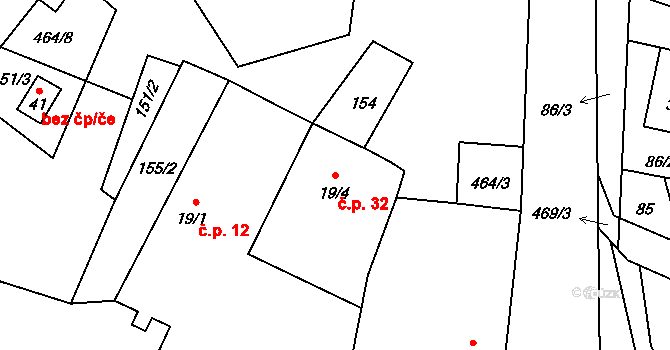 Pohnánec 32 na parcele st. 19/4 v KÚ Pohnánec, Katastrální mapa