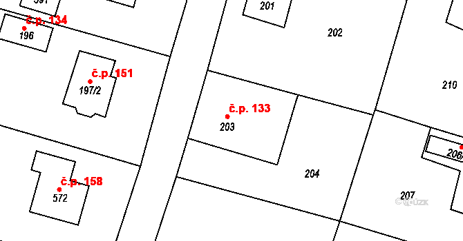 Bušovice 133 na parcele st. 203 v KÚ Bušovice, Katastrální mapa