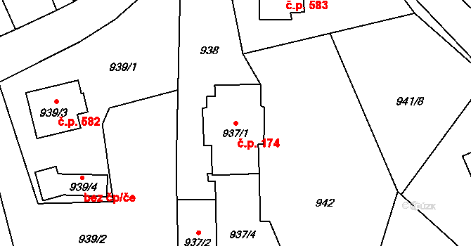 Jedovnice 174 na parcele st. 937/1 v KÚ Jedovnice, Katastrální mapa