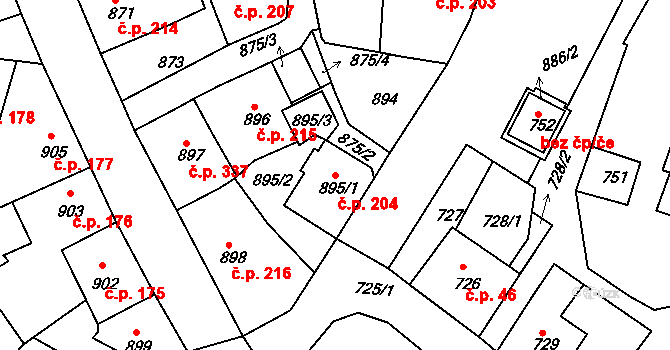Kamenice nad Lipou 204 na parcele st. 895/1 v KÚ Kamenice nad Lipou, Katastrální mapa