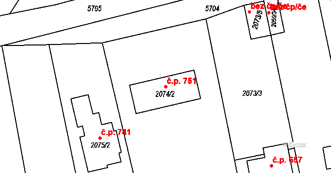 Konice 751 na parcele st. 2074/2 v KÚ Konice, Katastrální mapa
