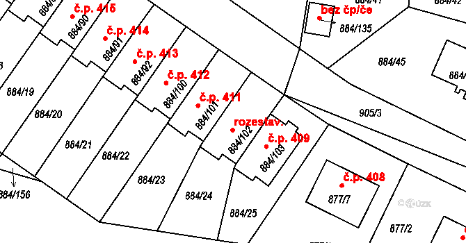 Štěnovice 410 na parcele st. 884/102 v KÚ Štěnovice, Katastrální mapa