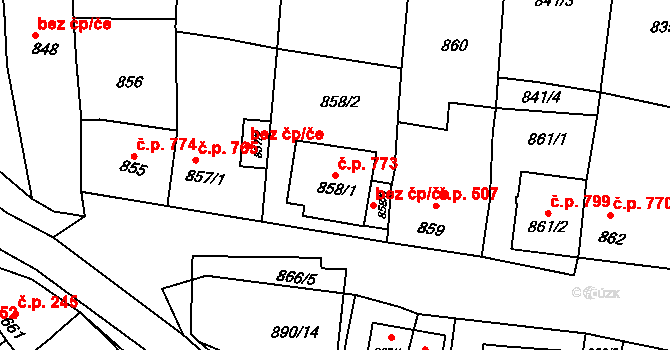 Klobouky u Brna 773 na parcele st. 858/1 v KÚ Klobouky u Brna, Katastrální mapa