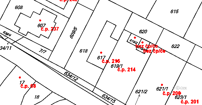 Rychlov 215, Bystřice pod Hostýnem na parcele st. 617 v KÚ Rychlov u Bystřice pod Hostýnem, Katastrální mapa