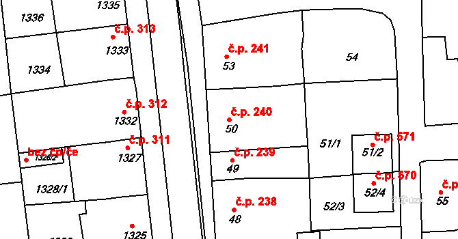 Plumlov 240 na parcele st. 50 v KÚ Plumlov, Katastrální mapa