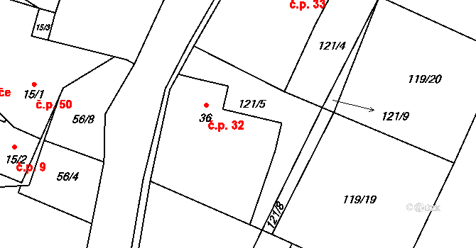 Hetlín 32, Černíny na parcele st. 36 v KÚ Hetlín, Katastrální mapa