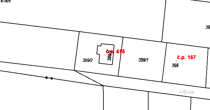Komárov 415, Opava na parcele st. 399/3 v KÚ Komárov u Opavy, Katastrální mapa