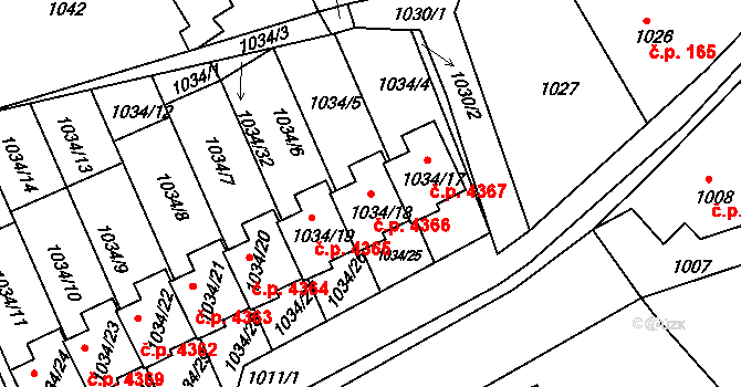 Mšeno nad Nisou 4366, Jablonec nad Nisou na parcele st. 1034/18 v KÚ Mšeno nad Nisou, Katastrální mapa