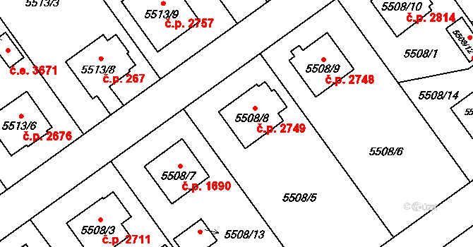 Jihlava 2749 na parcele st. 5508/8 v KÚ Jihlava, Katastrální mapa