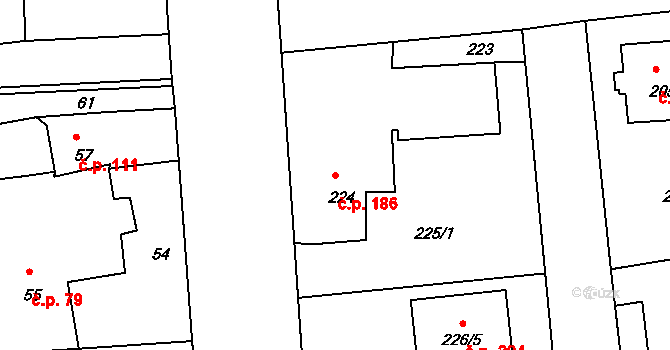 Červený Kříž 186, Jihlava na parcele st. 224 v KÚ Antonínův Důl, Katastrální mapa