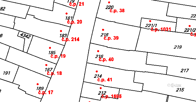 Čelákovice 40 na parcele st. 216 v KÚ Čelákovice, Katastrální mapa