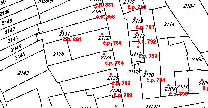 Slavíkovice 784, Rousínov na parcele st. 2134 v KÚ Rousínov u Vyškova, Katastrální mapa