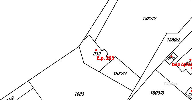 Ostravice 253 na parcele st. 932 v KÚ Ostravice 1, Katastrální mapa