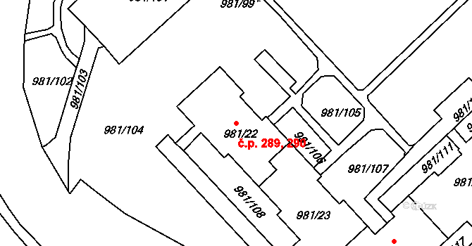 Chlumec 289,290 na parcele st. 981/22 v KÚ Chlumec u Chabařovic, Katastrální mapa