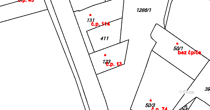 Střelské Hoštice 13 na parcele st. 123 v KÚ Střelské Hoštice, Katastrální mapa