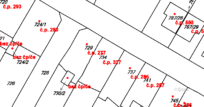 Proboštov 327 na parcele st. 734 v KÚ Proboštov u Teplic, Katastrální mapa