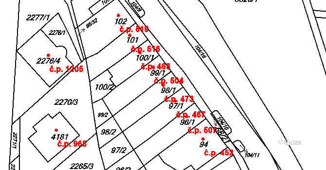 Komín 473, Brno na parcele st. 98/1 v KÚ Komín, Katastrální mapa