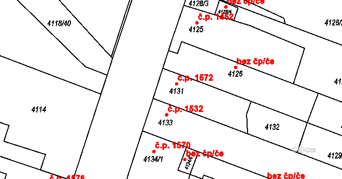 Teplice 1572 na parcele st. 4131 v KÚ Teplice, Katastrální mapa